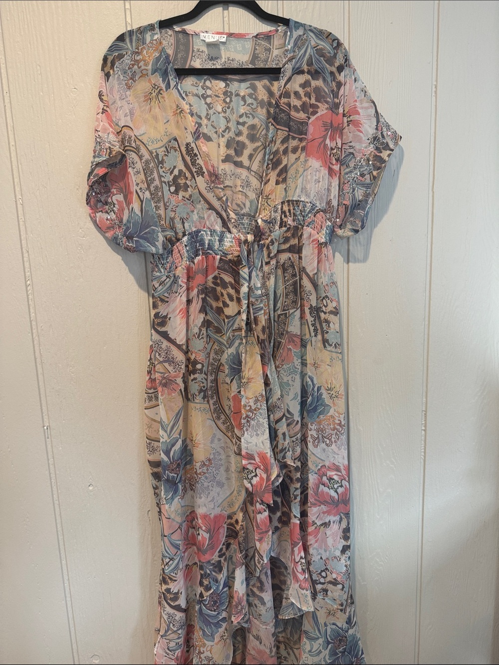 Floral Sheer Maxi Dress Coverup with Tie Waist - Multi